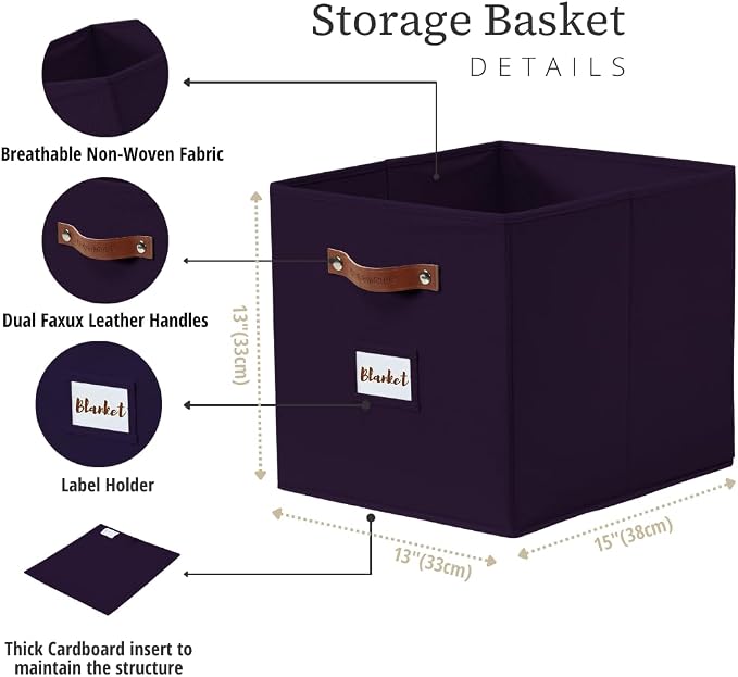 DECOMOMO Storage Baskets, 13x15x13 Storage Cube Bins with Labels for Organizing Shelves Kallax (Kallax / 4pcs, Deep Violet) - Image 3
