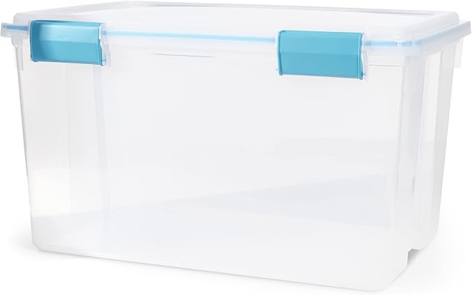 Sterilite 54 Qt Gasket Box, Stackable Storage Bin with Latching Lid and Tight Seal, Plastic Container to Organize Basement, Clear Base and Lid, 1-Pack by Sterilite