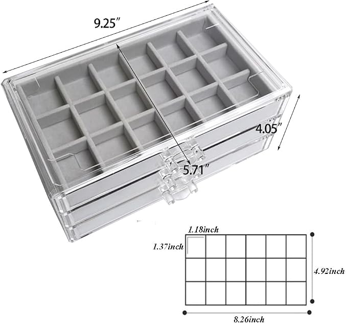 YUFONG Earring Organizer Box Acrylic Jewelry Organizer with 3 Drawers 54 Adjustable Grids Clear Stackable Earring Holder Velvet Trays Ring Display Case for Women Girls (Gray) - Image 7