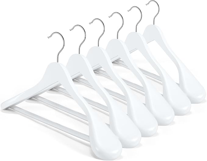HOUSE DAY High-Grade Solid Wood Coat Hangers for Women, Wide Shoulder Wooden Hangers, Suit Hangers with Non Slip Pants Bar, Smooth Finish 360° Swivel Hook for Dress, Heavy Clothes Hangers 6 Pack White by HOUSEDAY