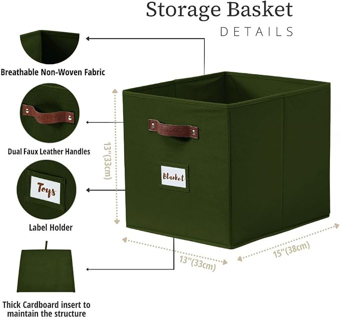 DECOMOMO Storage Baskets, 13x15x13 Storage Cube Bins with Labels for Organizing Shelves Kallax (Kallax / 4pcs, Olive Green) - Image 3