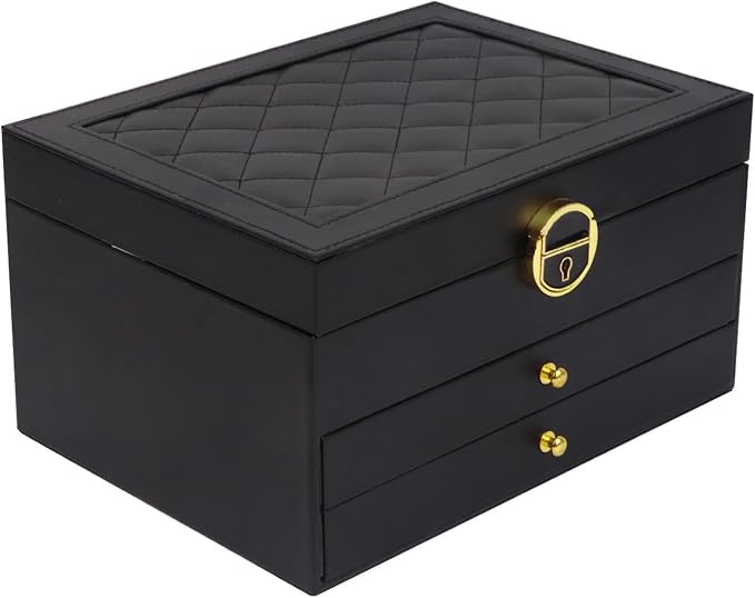 Jewelry Organizer Box for Women, Large Jewelry Organizer with Lock, 3 Tier Storage Box with Velvet Lining, 2 Drawers, Necklace Hooks, Ring Rolls by RQQM