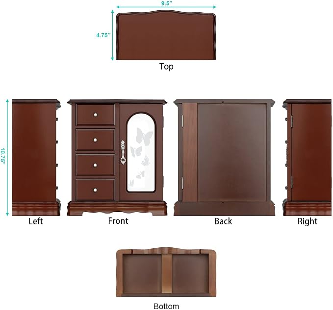 RR ROUND RICH DESIGN Jewelry Box - Made of Solid Wood with 4 Drawers Organizer and Built-in Necklace Carousel and Large Mirror Brown - Image 5