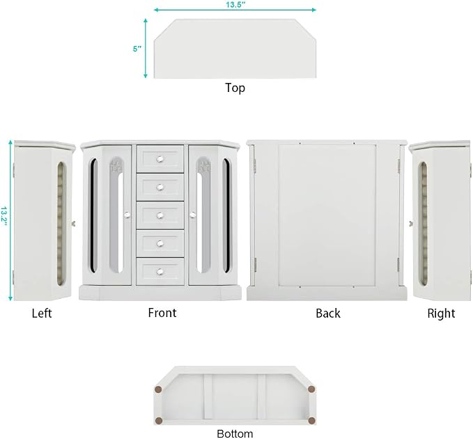 RR ROUND RICH DESIGN Jewelry Box - Made of Solid Wood with Cabinet Type 5 Drawers Organizer and 2 Separated Open Doors on 2 Sides and Large Mirror White - Image 5