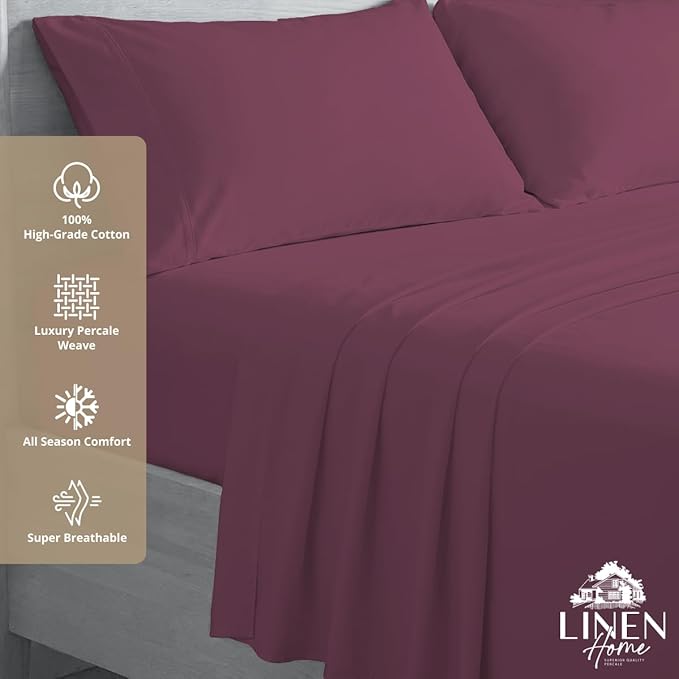 Linen Home 100% Cotton Percale Sheets Full Size, Damson Berry, Deep Pocket, 4 Pieces Set - 1 Flat, 1 Deep Pocket Fitted Sheet and 2 Pillowcases, Crisp Cool and Strong Bed Linen