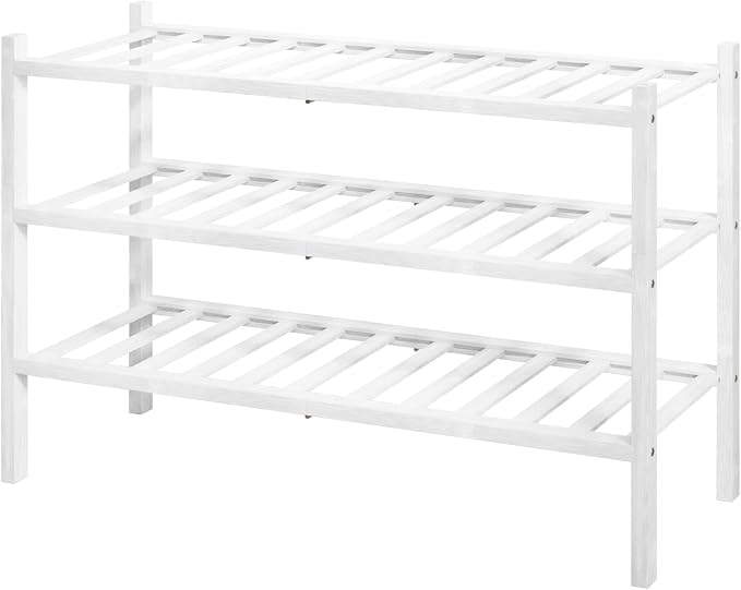Kitsure Bamboo Wooden Shoe Rack for Closet - Stackable Shoe Organizer with Modular Structure, Space-Saving Shoe Shelf for Entryway, Living Room, Bedroom, 26.8" Wide - 3 Tiers, White by Kitsure