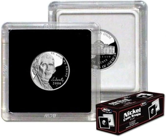 BCW 2x2 Coin Snap - 25 ct Nickel Holder | Archival Safe Coin Protector | Crystal Clear Polystyrene Coin Display Case | Ideal for US Jefferson Nickel | Coin Holders for Collectors