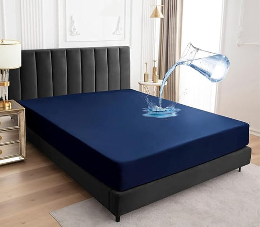 1 Piece Waterproof Mattress Protector Family King Size Fits Up to 15" Inch Deep Pocket Pad Cover Fitted Style Super Soft Terry Fabric Vinyl-Free Navy Blue Solid