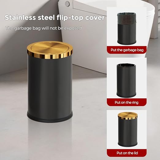 9L/2.4GAL Black and Gold Bathroom Trash Can, Small Trash Can with FILP Lid for Bathroom,Hotel,Office,Lundry,Powder Room (ＢＬＡＣＫ) - Image 6
