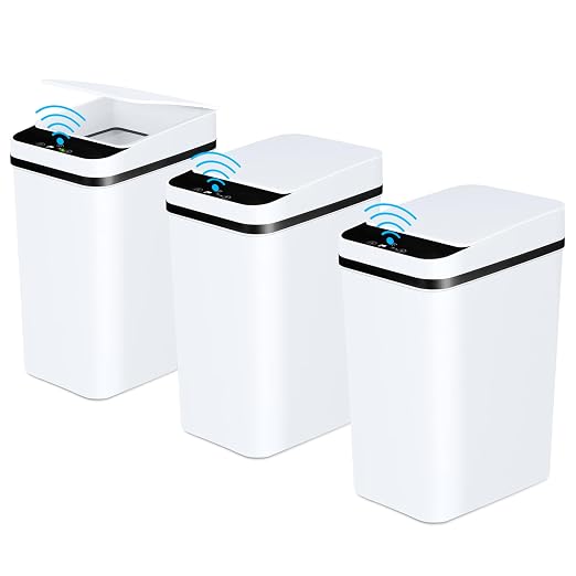 Anborry Bathroom Automatic Trash Can 3 Pack 2.2 Gallon Motion Sensor Touchless Small Slim Garbage Can with Lid Smart Electric Narrow Garbage Bin for Bedroom Living Room Office Kitchen (White) by Anborry