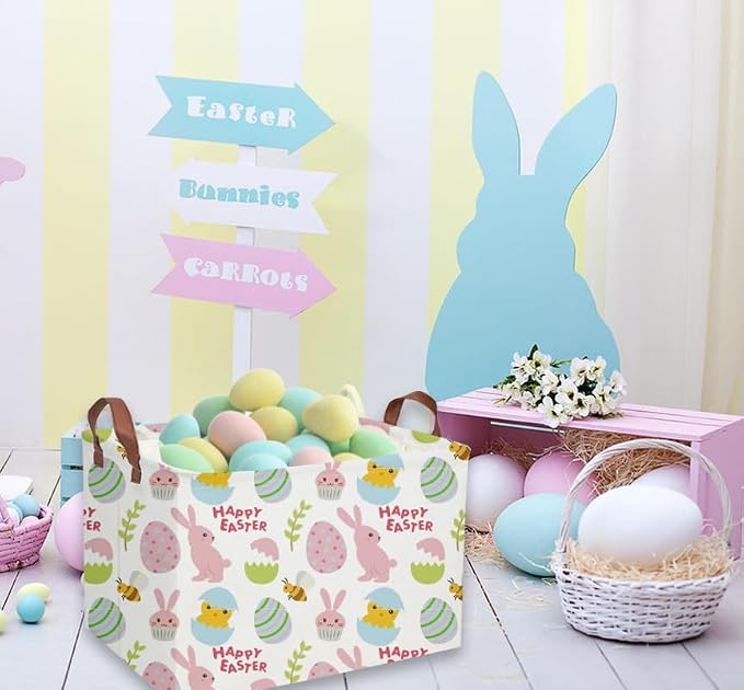 Easter Bunny Kids Gift Basket - Rectangular Toy Storage Basket Organizer Bin Box for Boys & Girls - Cute Easter Egg Room Decor for Home - Image 3