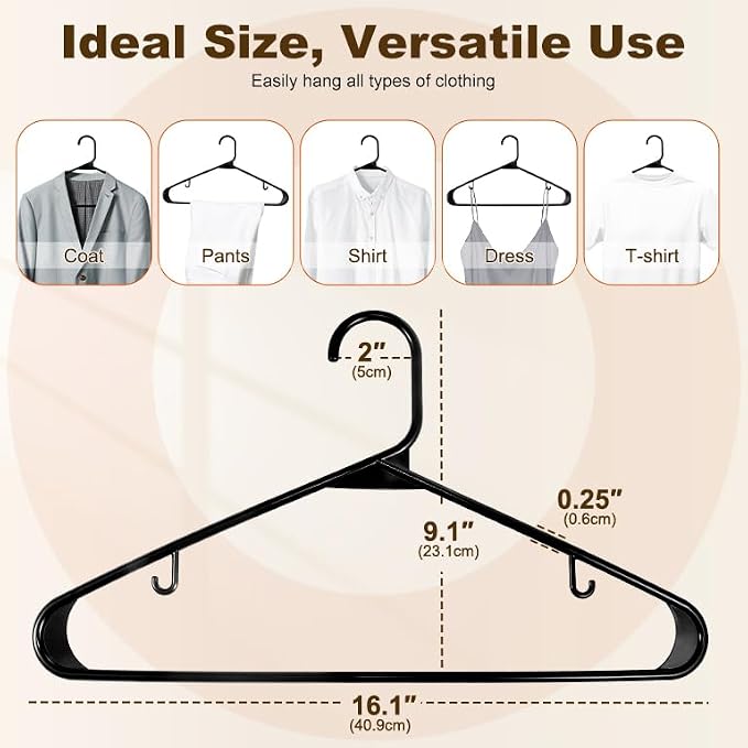 HOUSE DAY Black Plastic Hangers 50 Pack, Plastic Clothes Hangers with Built-in Hooks, Durable and Strong Plastic Coat Hangers for Closet, Space Saving Clothing Hanger for Shirts, Coats, Skirt, Dress - Image 2
