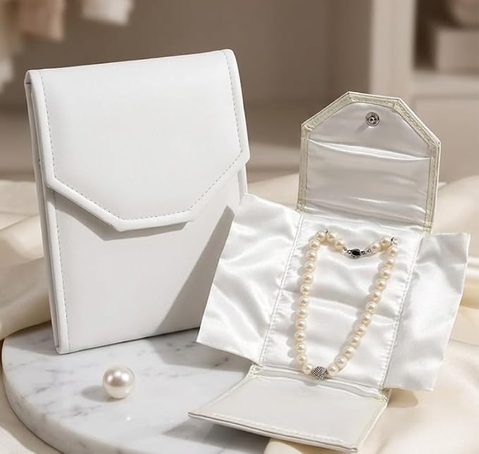 Novel Box Necklace Display Pearl Folder 8x6 inch Large Travel Jewelry Case - Wedding Jewelry Storage Holder with Smooth Finish - Jewelry Organizer Necklace Box - White/White Stitched - Image 4