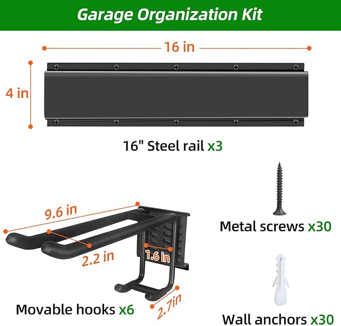 PIYILO Garage Tool Organizer Wall Mount with 48 inches Rails and 6 Double-layer Hooks, Garden Tool Rack Heavy Duty, Garage Hanging Storage Rack For Yard Tools, Shovel, Shed - Image 6