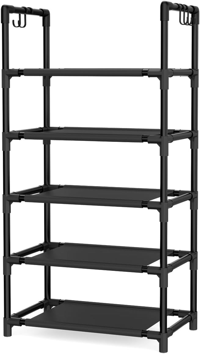 LANTEFUL 5 Tiers Shoe Rack 12-15 Pairs Boots Organizer Storage Sturdy Narrow Shoe Shelf for Entryway, Closets with Hooks, Black - Image 8
