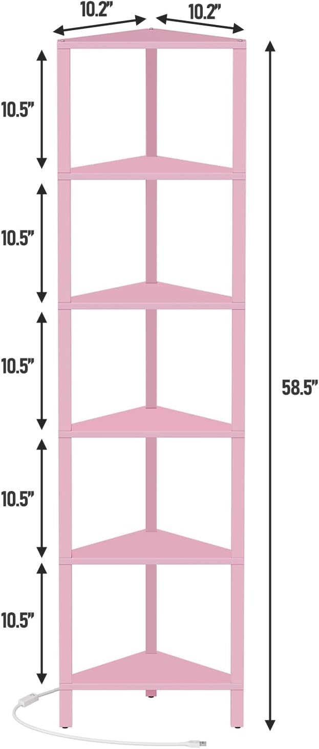 TUTOTAK Corner Shelf with LED Light, 6-Tier Corner Bookshelf for Small Space, Narrow Display Corner Shelf Stand with Storage Rack, for Living Room, Bedroom, Pink BS05BP006L - Image 2