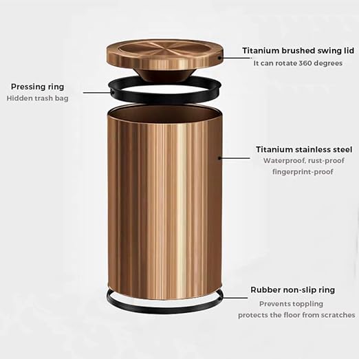 Antique Brass Bathroom Trash can with lid，Stainless Steel,Small Grabage Can with Flipping Lid, 9L/2.4Gal for Living Room,Bedroom,Guest Room,Hotel (Rose Gold) - Image 6