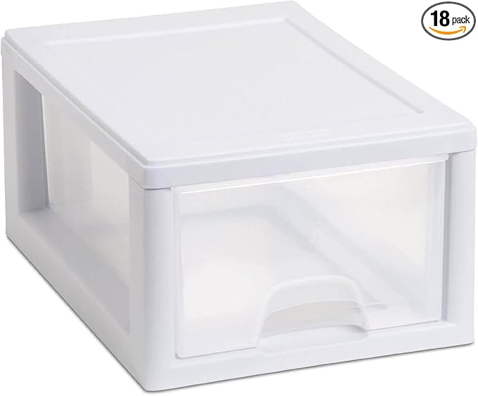 Sterilite 18-Pack 6 Quart Stacking Drawer, Clear Storage Closet Organizer, White Frame - Stackable Modular Plastic Drawers for Clothes, Accessories, Craft Supplies, Shoes or Linens by Sterilite
