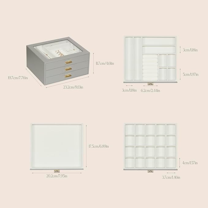 Jewelry Box Organizer with 3 Drawers,Glass Lid Jewelry Boxes for Women,Jewelry Storage for Rings,Necklaces,Earrings,Bracelets,Interesting Gift,Gray - Image 6