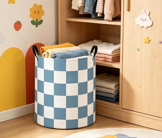 Baby Laundry Basket Baby Nursery Hamper Kids Laundry Basket Toy Storage Bin for Boys Room Decor Gift Baskets for Bedroom Bathroom(Blue Checkered) - Image 5