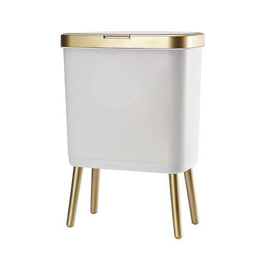 Procade Bathroom Trash Can with Lid, Plastic Garbage Can with Legs, 4 Gallon Gold Trash Bin with Push Button, Narrow White Trash Can Waste Basket for Bedroom, Living Room,Office，Dog Proof Trash Bin by MostPopularTrashCans