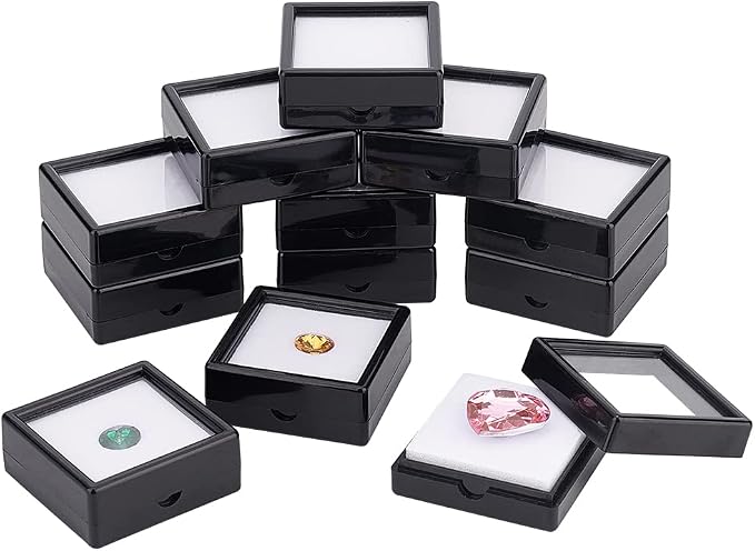 BENECREAT 12PCS Black Gemstone Display Box, Square Acrylic Diamond Jewellery Tray Box Container with Clear Lids and Sponge for Gems, Stone, Pendants, Crystal by BENECREAT