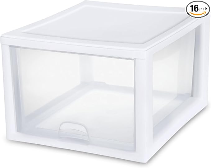 Sterilite 16-Pack 27 Quart Stacking Drawer, Clear Storage Closet Organizer, White Frame - Stackable Modular Plastic Drawers for Clothes, Accessories, Craft Supplies, Shoes or Linens by Sterilite
