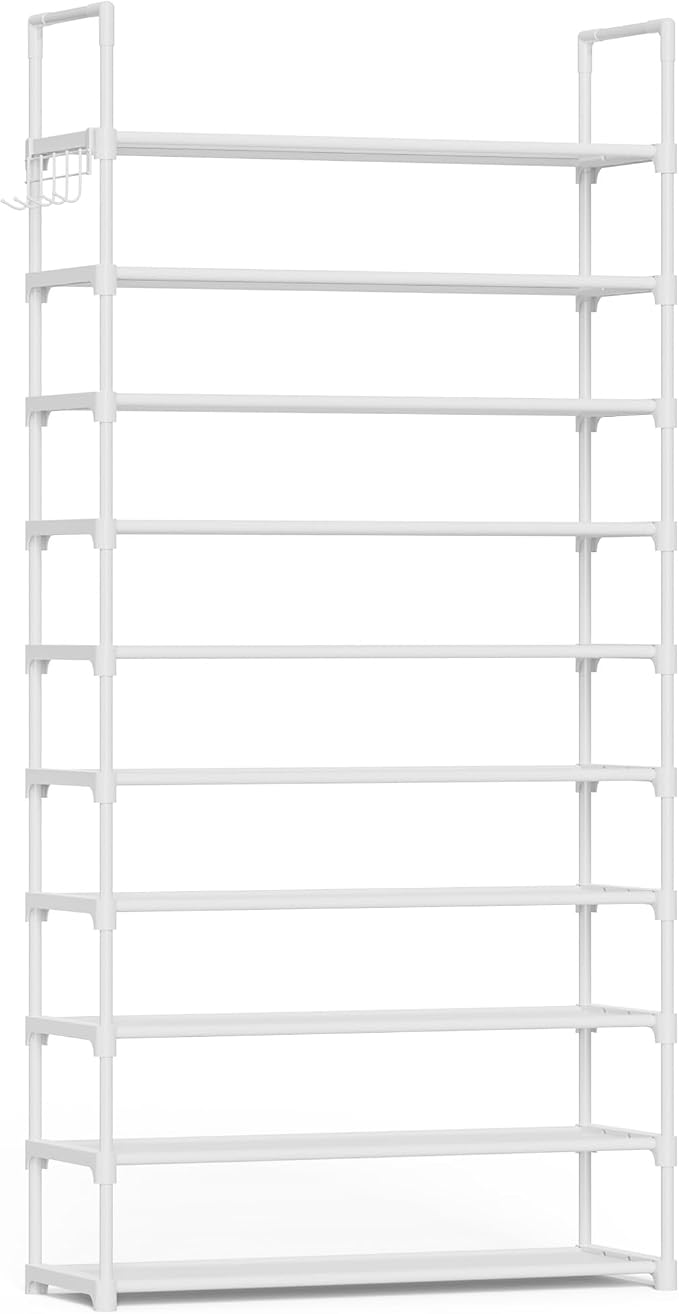 Kitsure Shoe Rack for Closet - 10-Tier Shoe Organizer with Hook Rack, Large-Capacity & Space-Saving Shoe Shelf for Entryway, Bedroom, Living Room,32.2" x 11.8" x 68.5", White by Kitsure