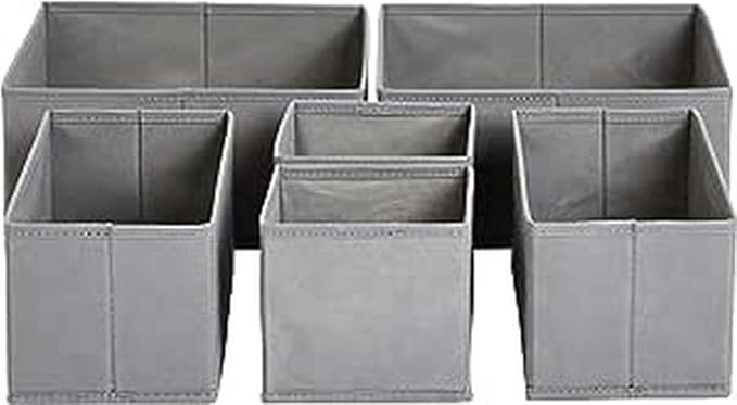 Amazon Basics Collapsible Cloth Drawer Organizer Boxes for Socks, Underwear and Baby Clothes, Storage Bins, Gray, Set of 6 by AmazonBasics