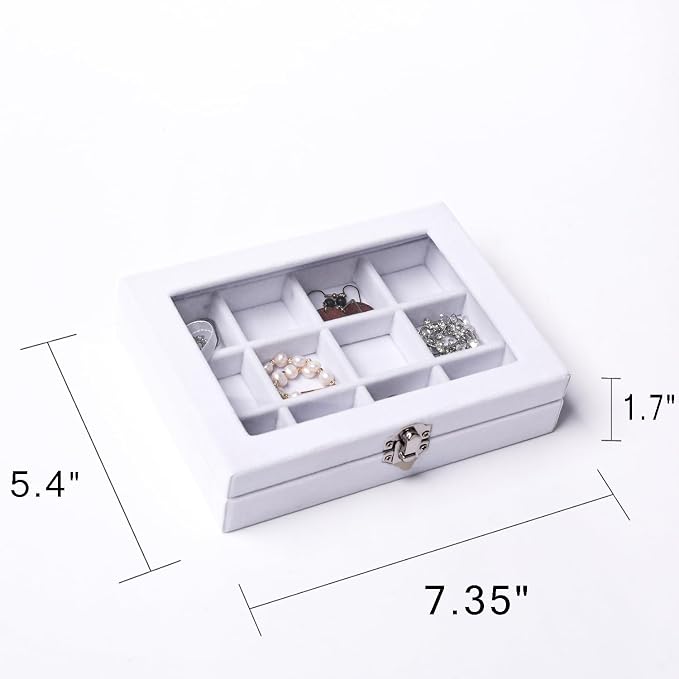 Frebeauty Jewelry Organizer Tray with Clear Lid 12 Grid Velvet Drawer Insert Jewelry Box with Transparent lid Jewelry Display Case Store Showcase Jewelry Box Gift for Women(White,12 Grid) - Image 3