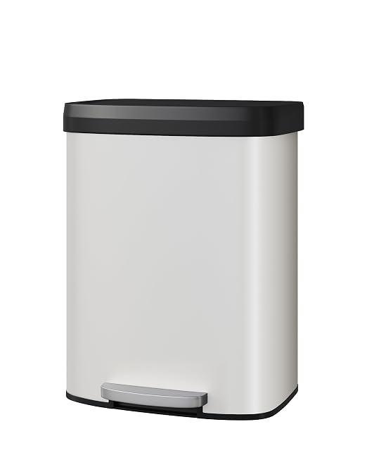 Garvee 16 gal / 60 L Metal Trash Can with Lid, Large Garbage Can for Kitchen, Rustproof Step-on Kitchen Metal Trash Bin with Liner Rim, Rear Handle, Soft Close Plastic Lid, White by Garvee