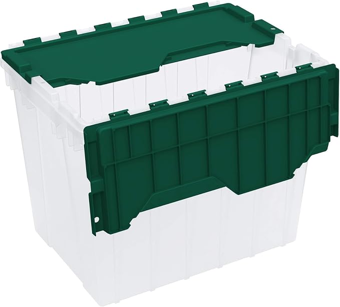 Akro-Mils KeepBox 18 Gallon Storage Container, Nesting and Stackable Plastic Storage Box with Lid Attached, Clear Tote for Garages, Closets, and Moving, 21" x 15" x 17", Clear/Green, 3-Pack - Image 8