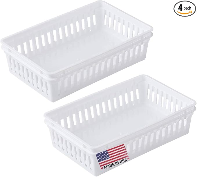 Tribello Plastic Bin Baskets for Organizing, White Storage Tray, Rectangle 9 x 6 x 2 - Pack of 4 - Made in USA by Tribello