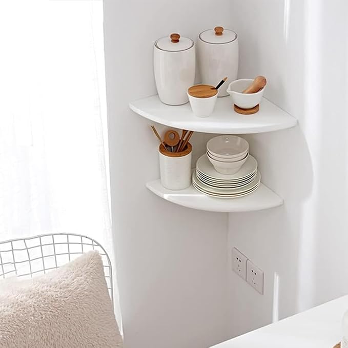 Corner Wall Shelves, White Floating Corner Shelf, Set of 2 16inch Solid Oak Wood Shelves, Round End Wall Mount Display Shelf with Wire Hole for Small Plant for Bedroom Kitchen, Living Room - Image 7