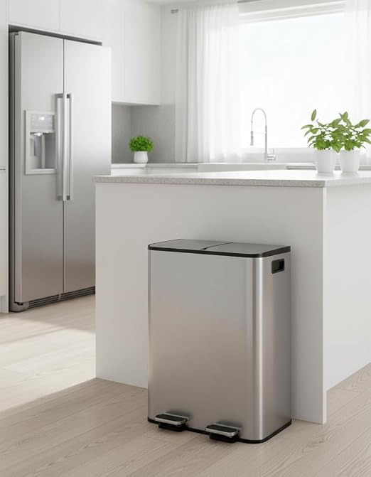 GarveeHome 2 x 8 gal Stainless Steel Double Trash Can with Lid for Kitchen, Large Dual Trash and Recycle Bin Combo, Step-on Kitchen Metal Garbage Cans, PP Inner Buckets, Liner Rim - Image 7