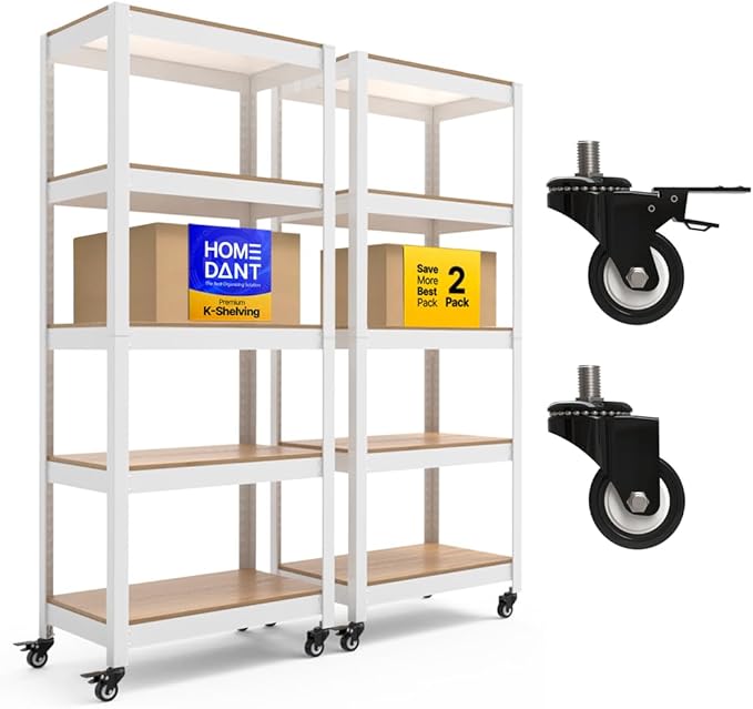 HOMEDANT House 24.4" W 5 Tier Heavy Duty Garage Shelving Adjustable Metal Rack Storage Shelves Standing Shelf Unit Organizers Pantry Closet Office White 2Pack by TheBestOrganizingSolution