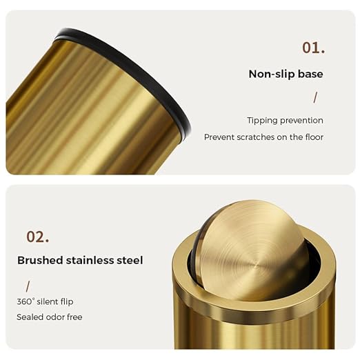 9 Liter/2.4 Gallon, Gold Trash can with Swing lid, Brass Small Trash can, Gold Trash Bin with Lid for Office, Living Room,Bathroom，Restaurant Bathroom - Image 2