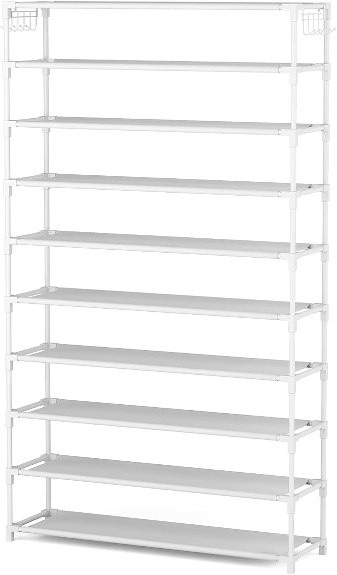 LANTEFUL 10 Tiers Shoe Rack 50 Pairs Large Capacity Tall Shoe Organizer Sturdy Shoe Storage with Two Hooks Space Saving Metal Wide Shoe Rack for Closet, Entryway, Bedroom, White - Image 8
