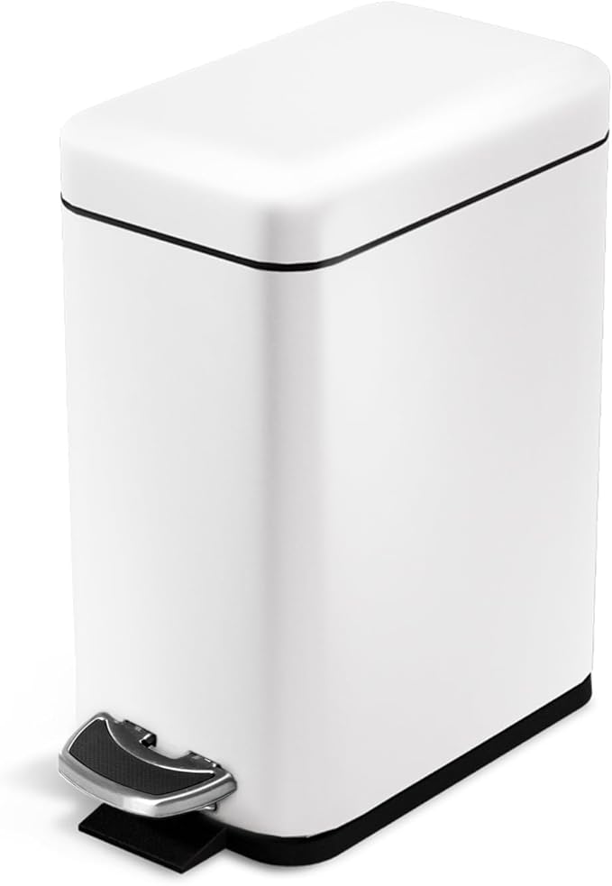 Home Zone Living 1.3 Gallon Small Bathroom Trash Can with Lid and Step Pedal, Stainless Steel Wastebasket with Slim Design for Home and Office, Matte White, 5 Liters by HomeZoneLiving