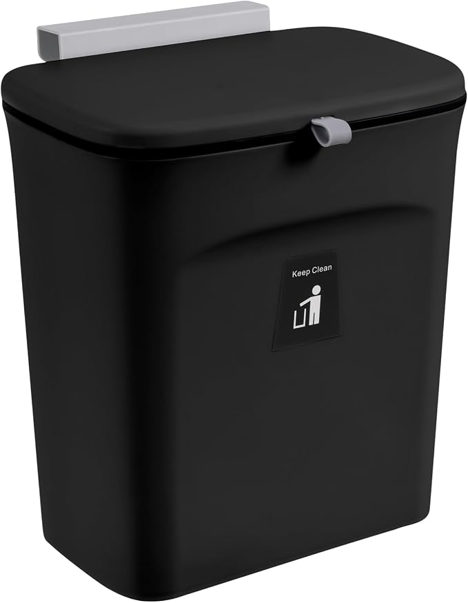 Tiyafuro 2.4 Gallon Kitchen Compost Bin for Counter Top or Under Sink, Hanging Small Trash Can with Lid for Cupboard/Bathroom/Bedroom/Office/Camping, Mountable Indoor Compost Bucket, Black by Tiyafuro