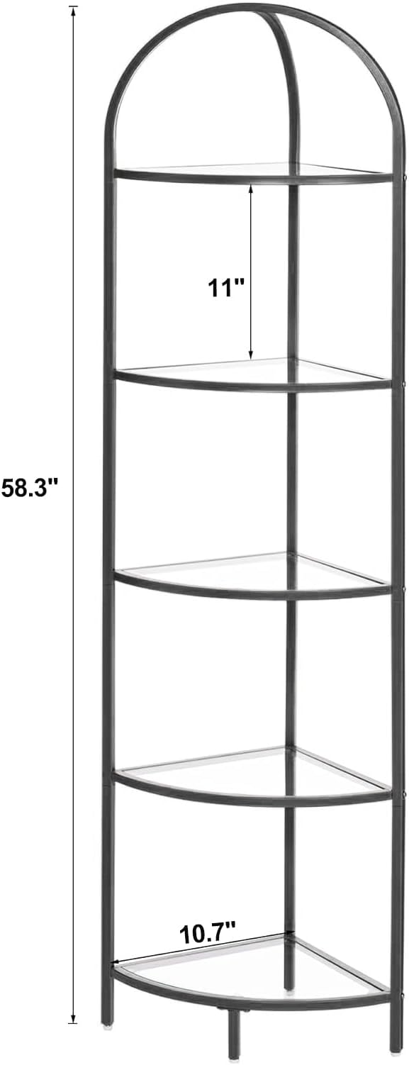 Homhedy 5-Tier Corner Shelf Stand, Metal Corner Bookshelf, Tempered Glass Shelves, Bathroom Storage Rack Shelf, Plant Stand, Modern Style, Black - Image 2