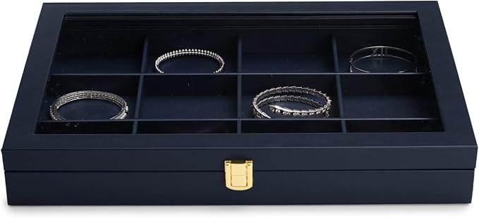 Oirlv 12 Gird Jewelry Tray with Acrylic Lid Premium Blue Leather Jewelry Organizer Box Transparent Lid Bracelet Bangle Small Watch Storage Case for Women Gift - Image 4