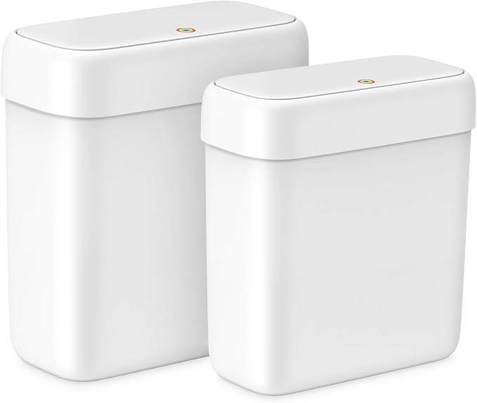 MOPALL 2 Pack Small Bathroom Trash Can with Lid, 3.2 Gallon / 11.5 L & 2.6 Gallon / 10 L Waste Basket with Pop-Up Lid, Slim Plastic Garbage Bin Dog Proof for Kitchen, Bedroom, Office, Toilet, White by MOPALL