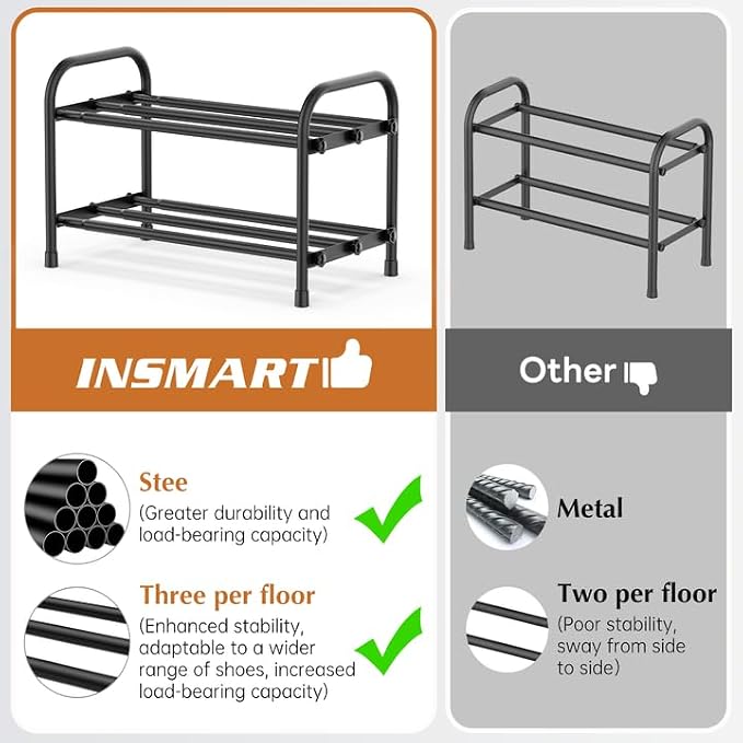 INSMART 2-Tier Expandable Shoe Rack:Stackable and Adjustable Shoes Organizer Storage Shelf, Sturdy and Durable Metal Structure Free Standing Shoe Rack for Closet Entryway Doorway - Image 4