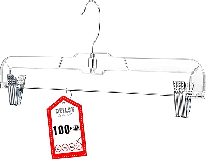 DEILSY™ Skirt Hangers 100 Pack Pants Hangers Shorts Clear Plastic Clothes with Adjustable Clip Non-Slip Clothes Clip Perfect for Pant, Pack of 100 by Deilsy