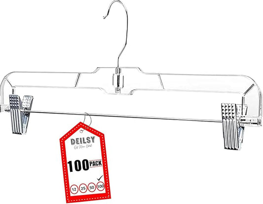 DEILSY™ Skirt Hangers 100 Pack Pants Hangers Shorts Clear Plastic Clothes with Adjustable Clip Non-Slip Clothes Clip Perfect for Pant, Pack of 100 by Deilsy
