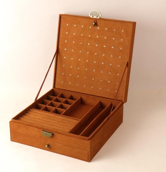 Women Jewelry Box Lockable 3 Layers Large Jewelry Organizer Storage Case for Earrings Necklaces Rings Bracelets,Green Display Jewel Holder (Caramel) - Image 3