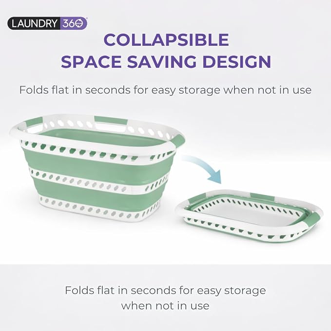 Laundry 360 Collapsible Laundry Basket | Portable | Space Saver Storage | Hold 2 Loads | Store Under the Bed or Closet | Good for Kids | Dorm | Bedroom | Large | White/Sage - Image 2