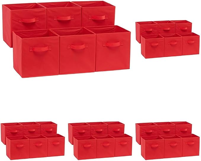 Amazon Basics Cube Organizer Storage Bins Handles, Collapsible Fabric, 10.5"x10.5"x11", Red (Pack of 30) by AmazonBasics