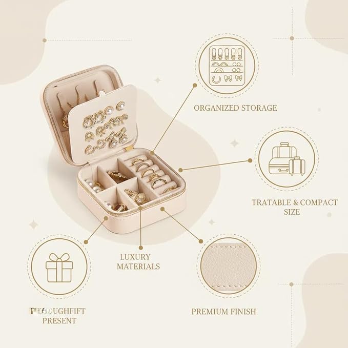 Travel Jewelry Box, PU Leather Small Jewelry Organizer for Women Girls, Portable Mini Travel Case Display Storage Holder Boxes for Stud Earrings, Rings, Necklaces (Apricot color) - Image 2